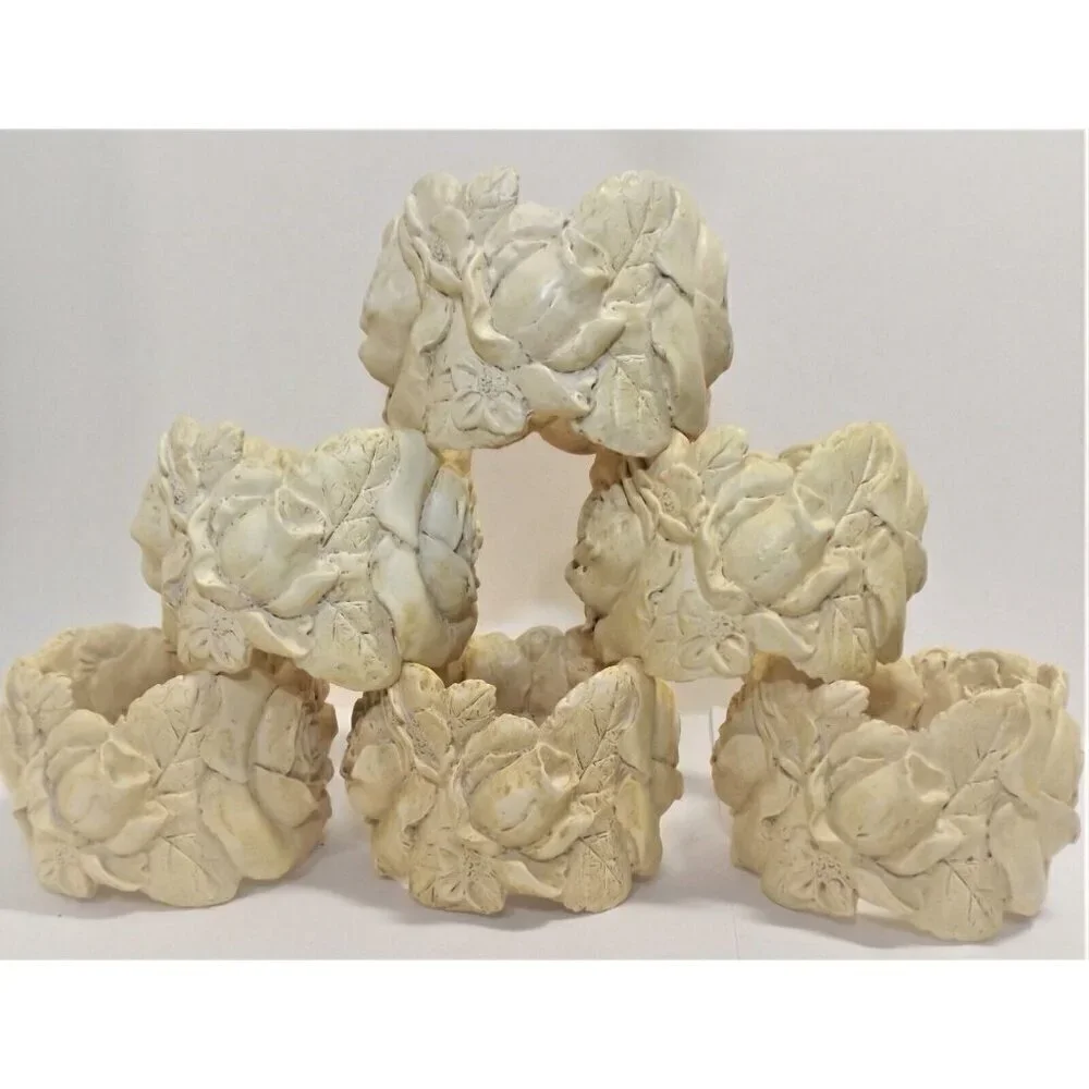 Set of 6 beige carved roses floral napkin rings